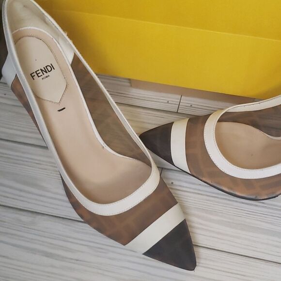 FENDI Colibri FF Monogram Mesh And Leather Heels - Picture 4 of 12